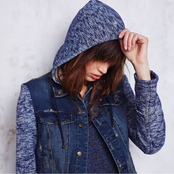 Free People Denim & Knit Hooded Jacket - size XS - Picture 3 of 15